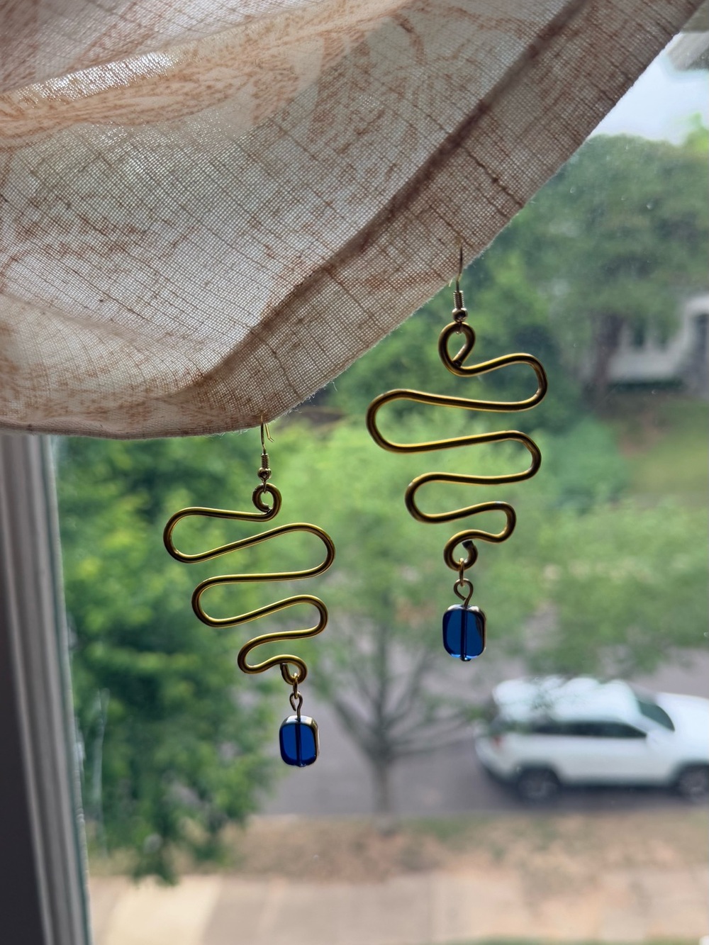 Handmade Gold Wire Swirl Earrings with Blue Beads